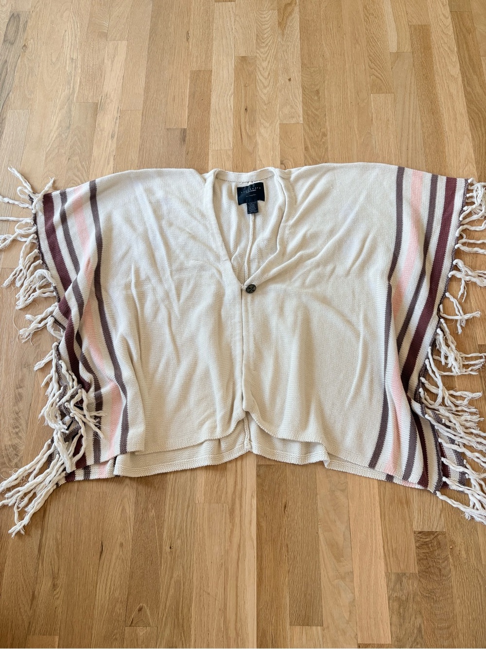 Women’s Sanctuary Clothing- Cream Fringe Knit Poncho with Pink & Brown Stripes.